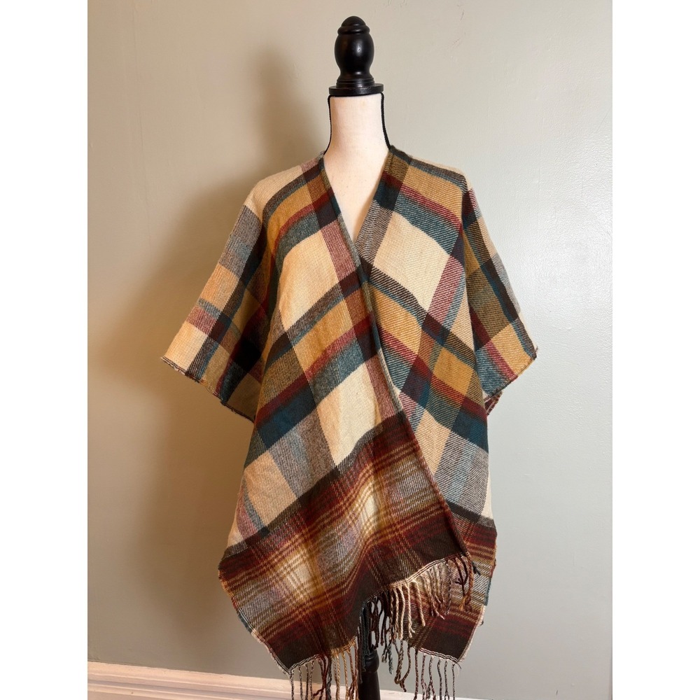Plaid Fringe Poncho Wrap Charter Club Cozy Autumn Trendy Boho Shawl One Size